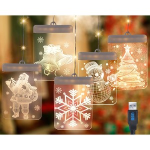 5 Star Super Deals 5 Christmas Window Light Decoration 3D LED Acrylic Hanging Decor w/ Icicle Strings - Santa, Snowflake, Snowman,Tree & Jingle Bells - 1 of 4