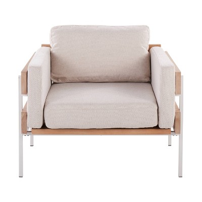 Cream Faux Leather and Metal Accent Chair with Natural Wood Frame