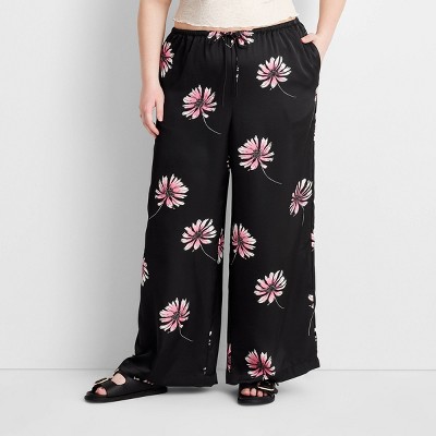 Women's Mid-Rise Wide Leg Satin Drawstring Pull-On Pants - Future Collective Black Floral 1X