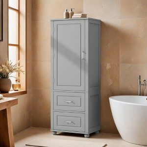 Tall Bathroom Storage Cabinet, Freestanding Storage Cabinet with Two Drawers and Adjustable Shelf, MDF Board with Painted Finish - Leovsnove - 1 of 4