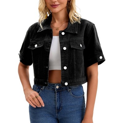 INSPIRE CHIC Women's Short Sleeve Button Up Frayed Washed Denim Jacket