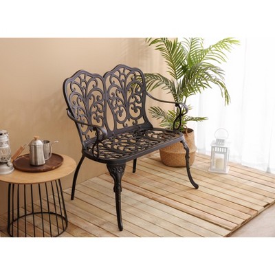 Vynxaria Black Patio Bench with Floral Rose Design - Ideal for Gardens and Parks, 33.80'' W x 22.40'' D x 34.60'' H