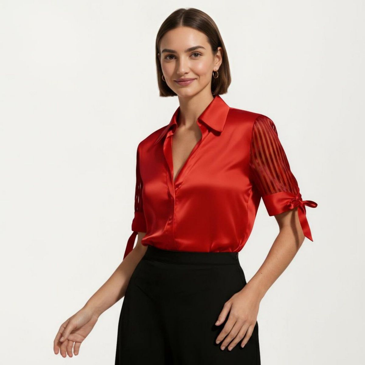 Anna-Kaci Women's Satin Collared Blouse with Sheer Stripe Sleeves and Bow Tie Cuffs - thumbnail 8