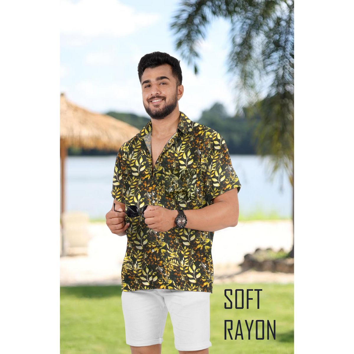HAPPY BAY Mens Short Sleeve Button Down Hawaiian Collar Shirts Aloha Camp Beach Vacation Shirts Casual Camp Summer Untuckit Shirt XXL Blue,Tree - thumbnail 2