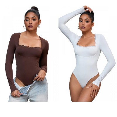 INSPIRE CHIC 2 Pcs Women's Lace Square Neck Long Sleeves Tummy Control Body Shapers