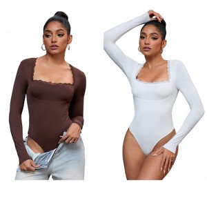 INSPIRE CHIC 2 Pcs Women's Lace Square Neck Long Sleeves Tummy Control Body Shapers - 1 of 4