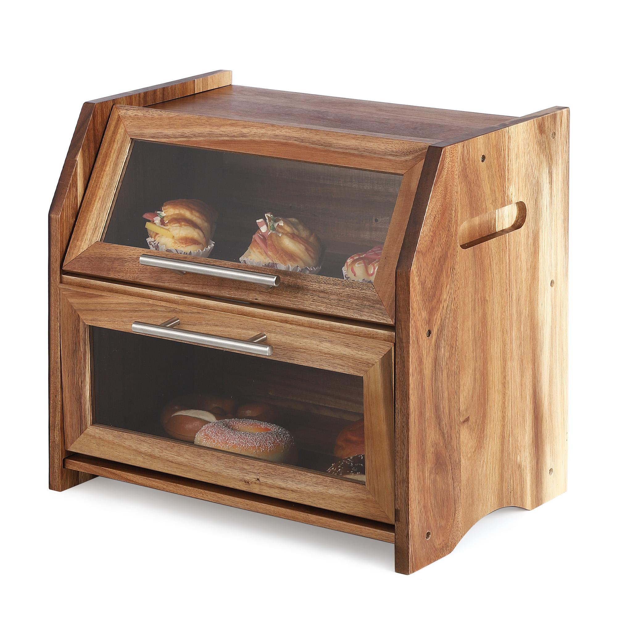 Acekool Large Acacia Wood Bread Box for Kitchen, 2-Tier Bread Storage Container with Clear Acrylic Window, Farmhouse Counter Organizer