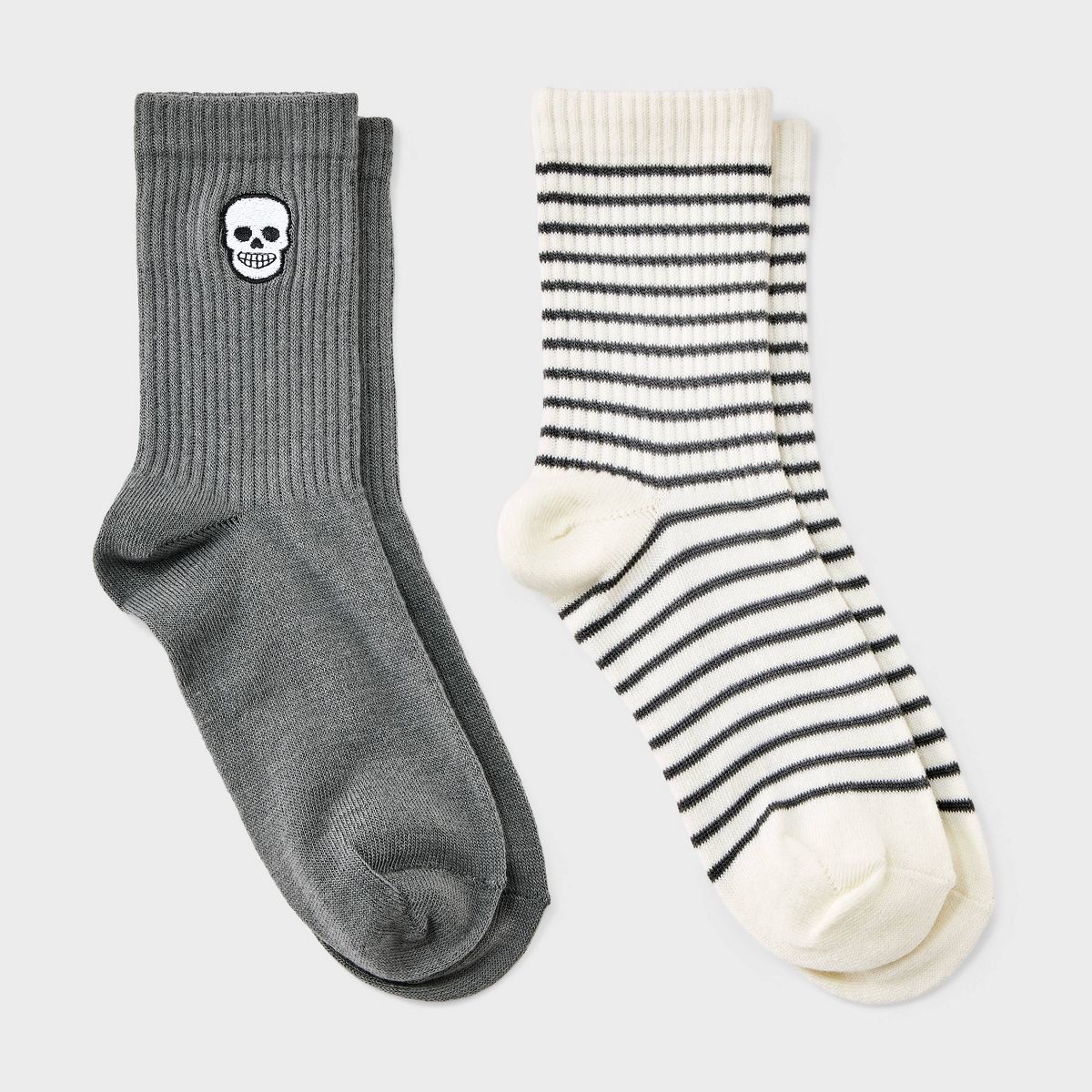 Girls' 2pk Halloween Skeleton & Striped Socks - Cat & Jack™ Gray/White Striped