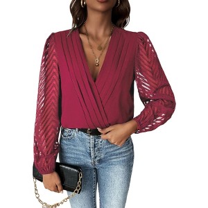 Women's V-Neck Bodysuit Long Sleeve Lace Sheer Solid Color - 1 of 4