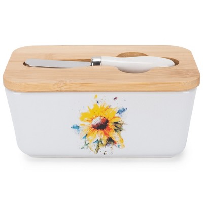 Nat & Jules Dean Crouser Sunflower Floral White 6.5 x 4 Ceramic Butter Dish With Knife Lid