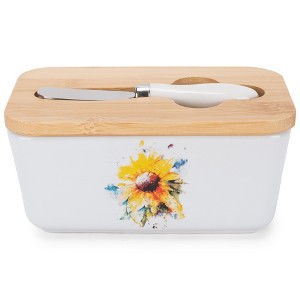 Nat & Jules Dean Crouser Sunflower Floral White 6.5 x 4 Ceramic Butter Dish With Knife Lid - 1 of 4
