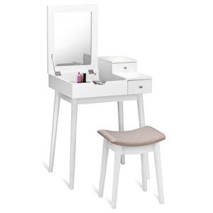 Tangkula Vanity 2 Drawers Dressing Table Set Flip-type Desktop with Mirror Stool White - 1 of 4