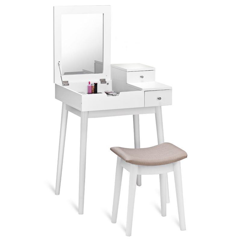 Tangkula Vanity 2 Drawers Dressing Table Set Flip-type Desktop with Mirror Stool White, 1 of 8