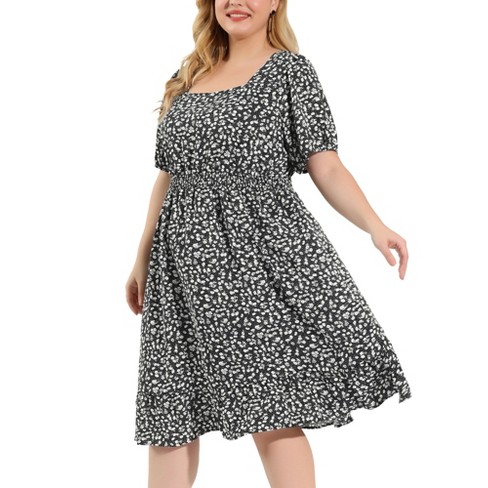 Agnes Orinda Women's Plus Size Ruffle Hem Square Collar Smocked Waist  Floral Midi Dress Black 2X