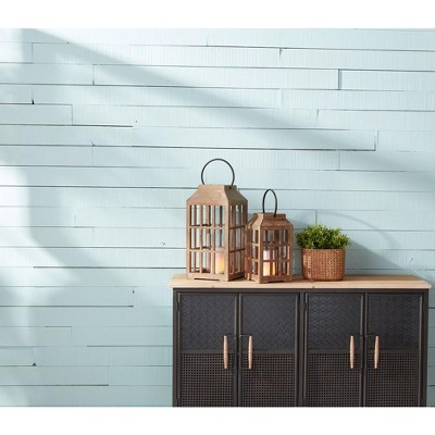 Natural Wood and Glass Tabletop Lantern with Black Handle