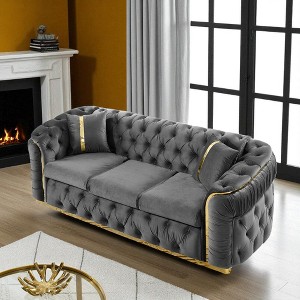 90.6" Velvet Button Tufted Sofa with Gold Stainless Steel Accents & 2 Pillows, 3-Seater Luxury Chesterfield Sofa for Living Room, Italian Velvet - 1 of 4