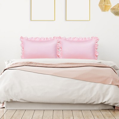 2 Pcs Queen 20"x30" Silk Satin Ruffled Pillowcase Pink - PiccoCasa