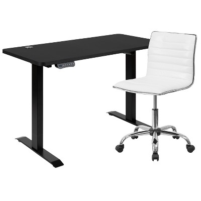 Flash Furniture 48" Wide Black Electric Height Adjustable Standing Desk with Designer Armless White Ribbed Swivel Task Office Chair