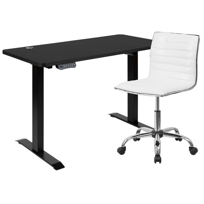Flash Furniture 48" Wide Black Electric Height Adjustable Standing Desk with Designer Armless White Ribbed Swivel Task Office Chair, 1 of 15