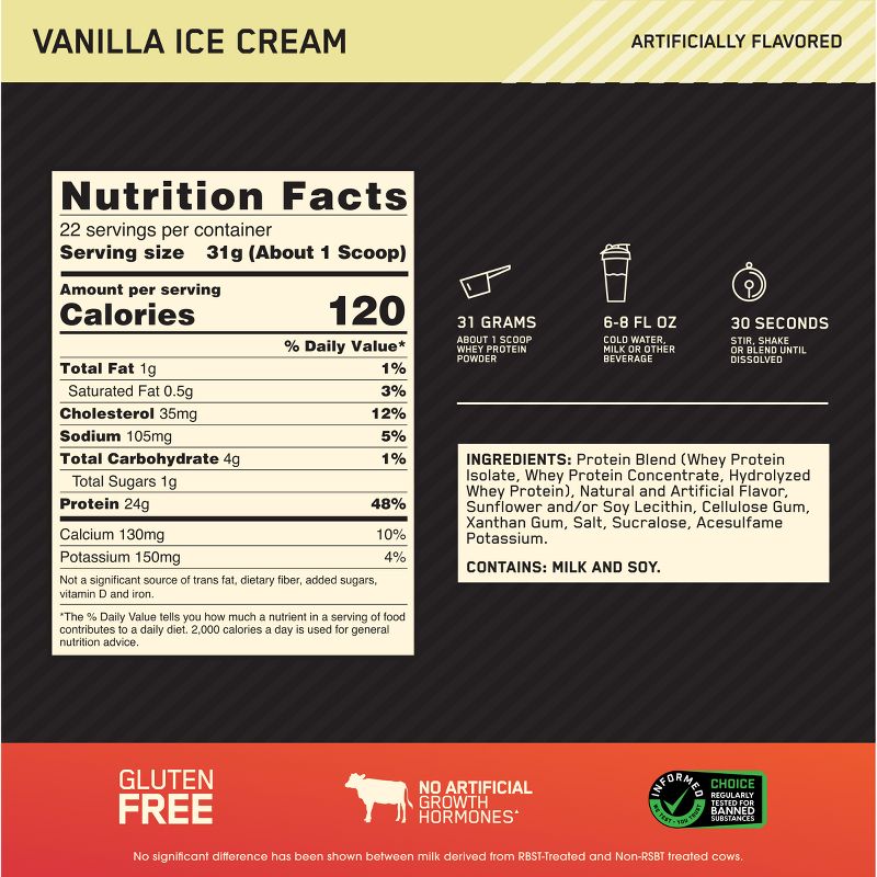 Optimum Nutrition Gold Standard 100% Whey Protein Powder - Vanilla Ice Cream - 24oz, 5 of 11