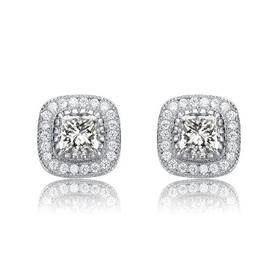 Guili White Gold Plated with Cubic Zirconia Cushion Halo Cluster Milgrain Stud Earrings Featuring Elegant Sophisticated Jewelry Design
