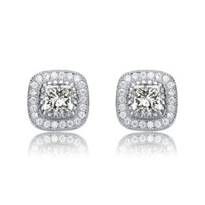 Guili White Gold Plated with Cubic Zirconia Cushion Halo Cluster Milgrain Stud Earrings Featuring Elegant Sophisticated Jewelry Design - 1 of 3