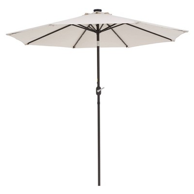 9' x 9' Solar LED Patio Umbrella with Tilt Adjustment and Crank Lift Beige - Wellfor: Hexagon Shape, Fade & Water-Resistant