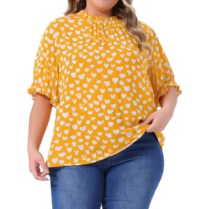 Agnes Orinda Women's Plus Size Polka Dots Printed Ruffle Hem Short Sleeve Mock Neck Blouses - 1 of 4