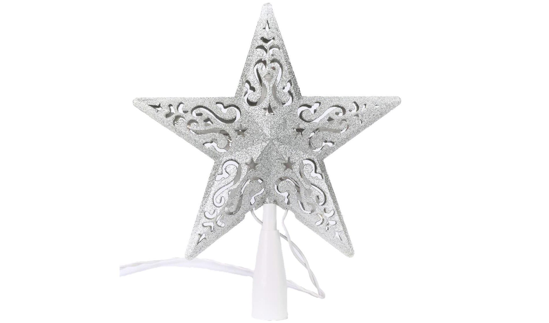Aoibox Silver Glittered 5 Point Star Christmas Tree Topper 9.8 in High 7.8 in Wide Dual Sided Hollow Design with 10 Lights 1 Piece