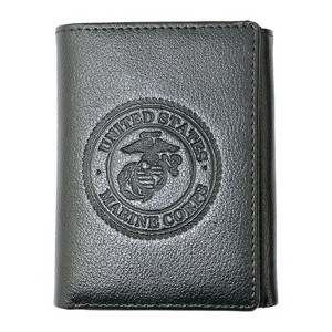 US Marine Corps Logo Genuine RFID Protection Leather TRIFOLD Wallet (Black) - 1 of 2