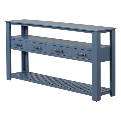 Dexmalle Retro Console Table with 4 Drawers & Open Shelves,Navy Blue