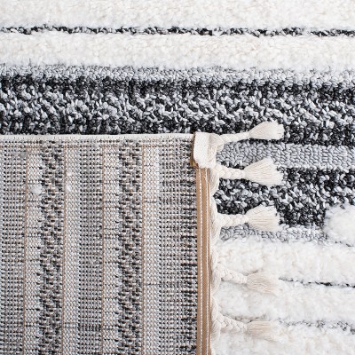 Ivory and Dark Gray Diamond Shag Runner Rug with Tassels