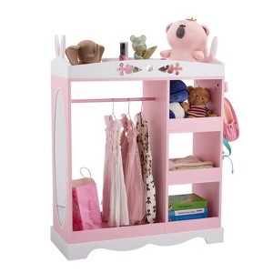 Angel Sar Pink Bunny Ear Kids Wardrobe with Mirror, 3-Tier Storage Shelves & Clothes Rod, Children's Closet for Girls Room - 1 of 4