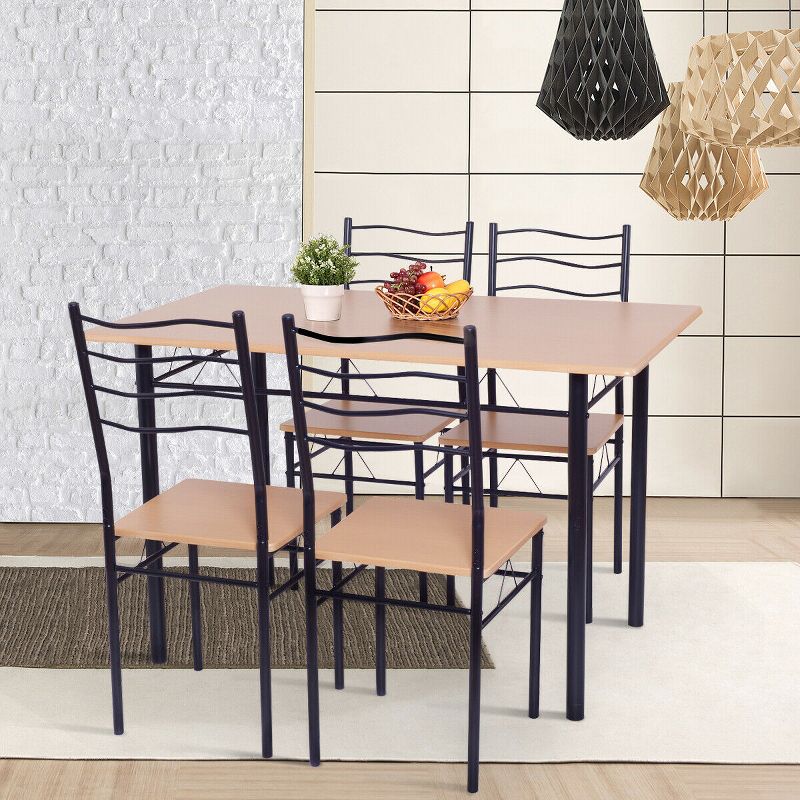 Costway 5 Piece Dining Table Set 29.5" with 4 Chairs Wood Metal Kitchen Breakfast Furniture Brown, 4 of 9