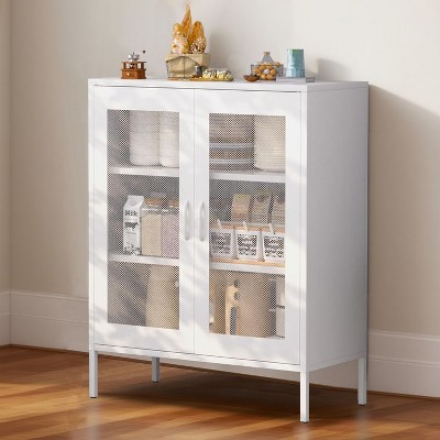 Okak Display Cabinet, Sideboard Cabinet with 3 Shelves, Freestanding Cabinet for Living Room, Bedroom and Office, White