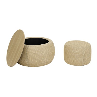 VisioGear Round Storage Ottoman, Rattan Ottoman, 2 in 1 Function, Work as End table and Ottoman with Small Seat, Nature, 25"*25"*14.7"