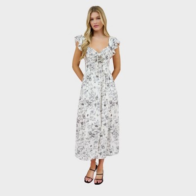 August Sky Women's Front Mock Tie Sweetheart Neckline Floral Midi Dress