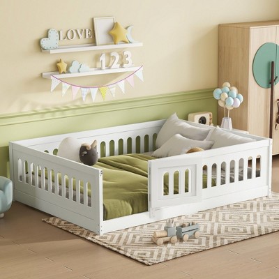 CAVINAS Twin Size Wood Montessori Bed,Modern Floor Bed with Heightened Safety Guardrails and Door,Toddler Bed for Bedroom