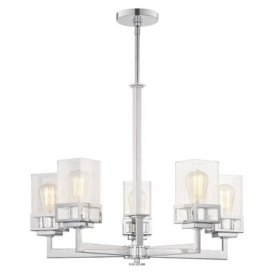 Elegant Polished Chrome 5-Light Chandelier with Seeded Glass Shades
