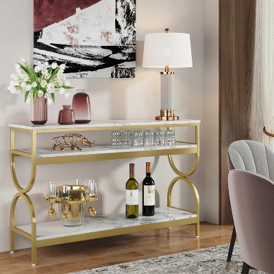 White and Gold Faux Marble 55" Console Table with Storage Shelves