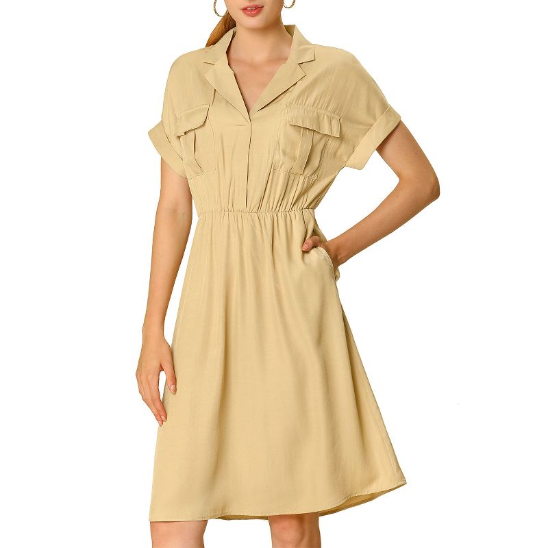 Allegra K Women's Notched Lapel Elastic Waist Pocket A-Line Safari Shirt Dresses, 3 of 7