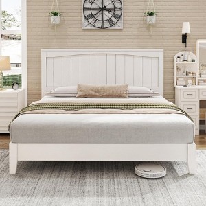 AMERLIFE Solid Wood Bed Frame, Mid Century Platform Bed with Arched Lines Headboard - 1 of 4