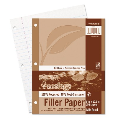 Pacon Ecology Filler Paper 8 x 10-1/2 Wide Ruled 3-Hole Punch White 150 Sheets/PK 3203