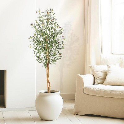 5/6/7 FT Artificial Olive Tree, Realistic Natural Wood Trunk, Plant with White Flower Pot and Green Fake Moss Outdoor Tree for Home Porch Decoration