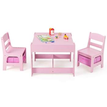 Costway 3 in 1 Kids Wood Table Chairs Set w/ Storage Box Blackboard Drawing Pink