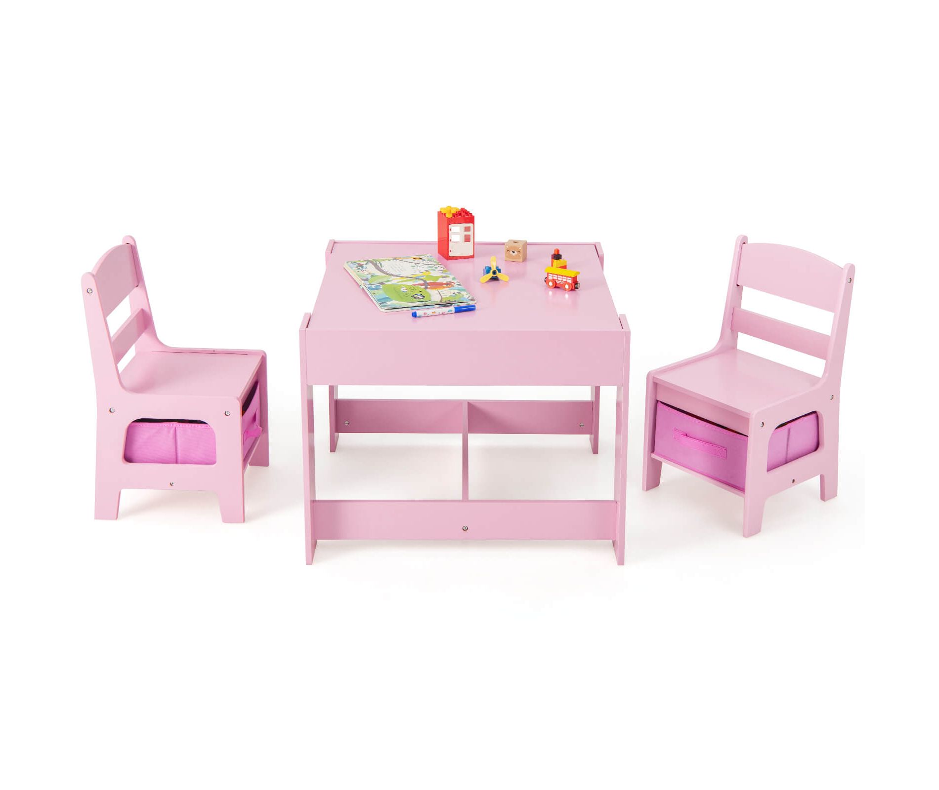 Costway 3 in 1 Kids Wood Table Chairs Set w/ Storage Box Blackboard Drawing Pink