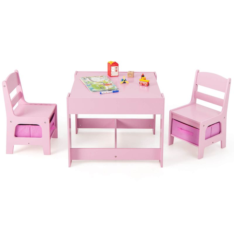 Costway 3 in 1 Kids Wood Table Chairs Set w/ Storage Box Blackboard Drawing Pink, 1 of 11