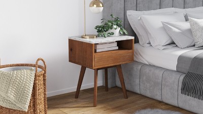 25" Walnut and Faux Marble Side Table with Storage Drawer