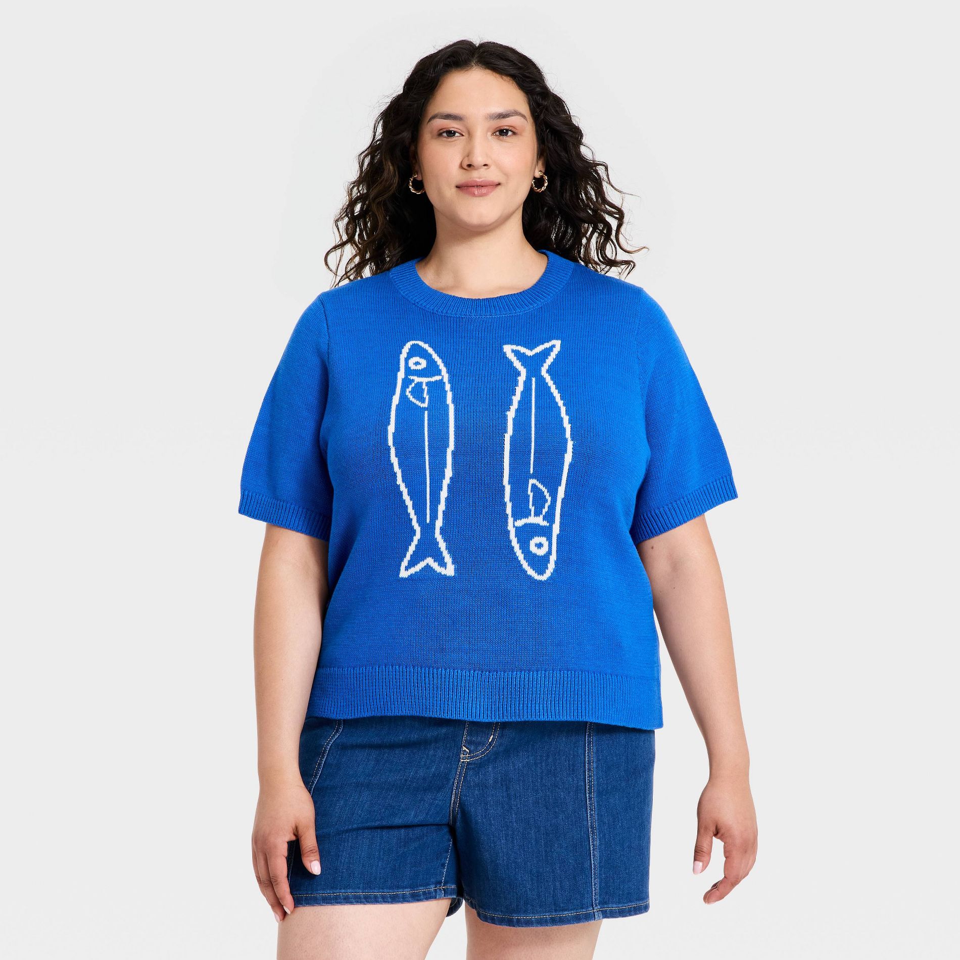 Women's Short Sleeve Crewneck Icon Pullover Sweater - Ava & Viv™ Blue Fish