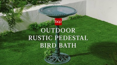 Cherry Red Rustic Polyresin Pedestal Bird Bath with Fleur-de-Lis Accents